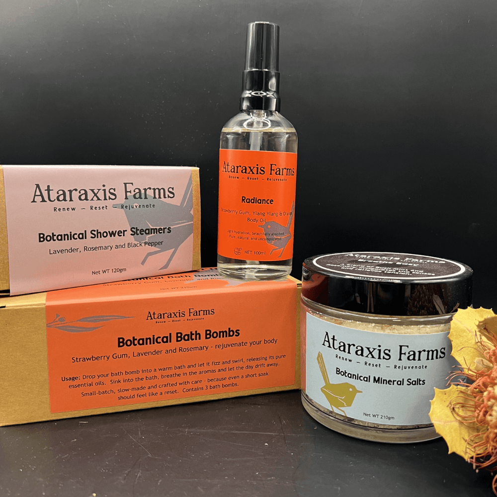 Natural  botanical products handcrafted by Ataraxis Farms for everyday bath and shower rituals