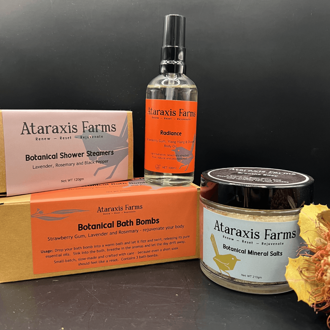 Natural  botanical products handcrafted by Ataraxis Farms for everyday bath and shower rituals