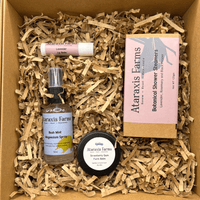 Ataraxis Farms Gift Pack with Bush Mint Magnesium Spray, Strawberry Gum Farm Balm, Lavender, Rosemary and Black Pepper Botanical Shower Steamer and Lavender Lip Balm.