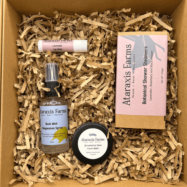 Ataraxis Farms Gift Pack with Bush Mint Magnesium Spray, Strawberry Gum Farm Balm, Lavender, Rosemary and Black Pepper Botanical Shower Steamer and Lavender Lip Balm.