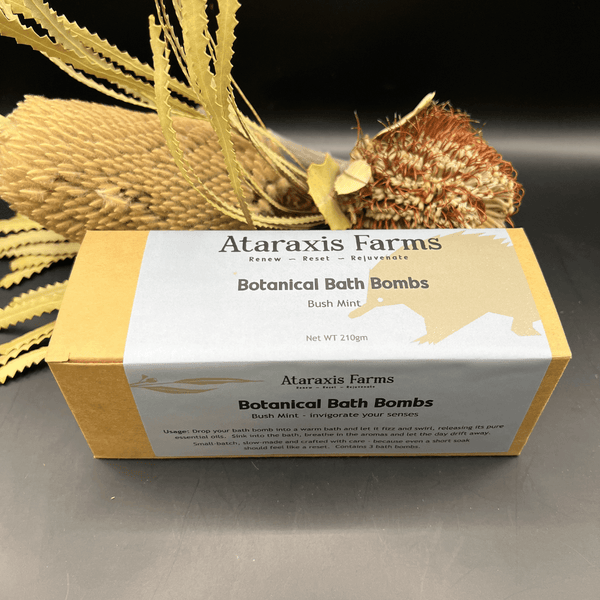 Small-batch botanical bath bombs handmade at Ataraxis Farms