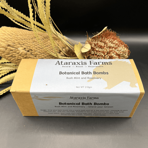 Small-batch botanical bath bombs handmade at Ataraxis Farms 