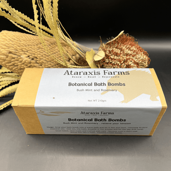 Small-batch botanical bath bombs handmade at Ataraxis Farms 