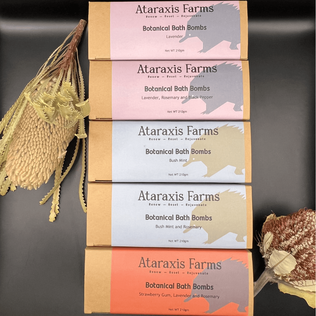 Our range of small-batch botanical bath bombs handmade at Ataraxis Farms