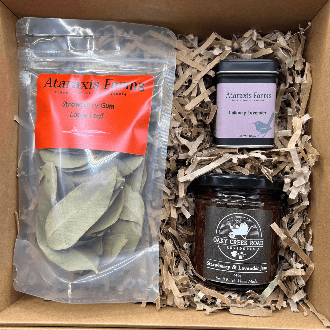Ataraxis Farms Culinary Gift Pack with Strawberry Gum Loose Leaf, Culinary Lavender and Oaky Creek Road Jam with Lavender.