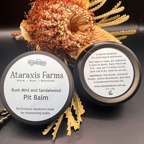 Ataraxis Farms Pit Balm natural deodorant tin displaying the front and back lid with product information.