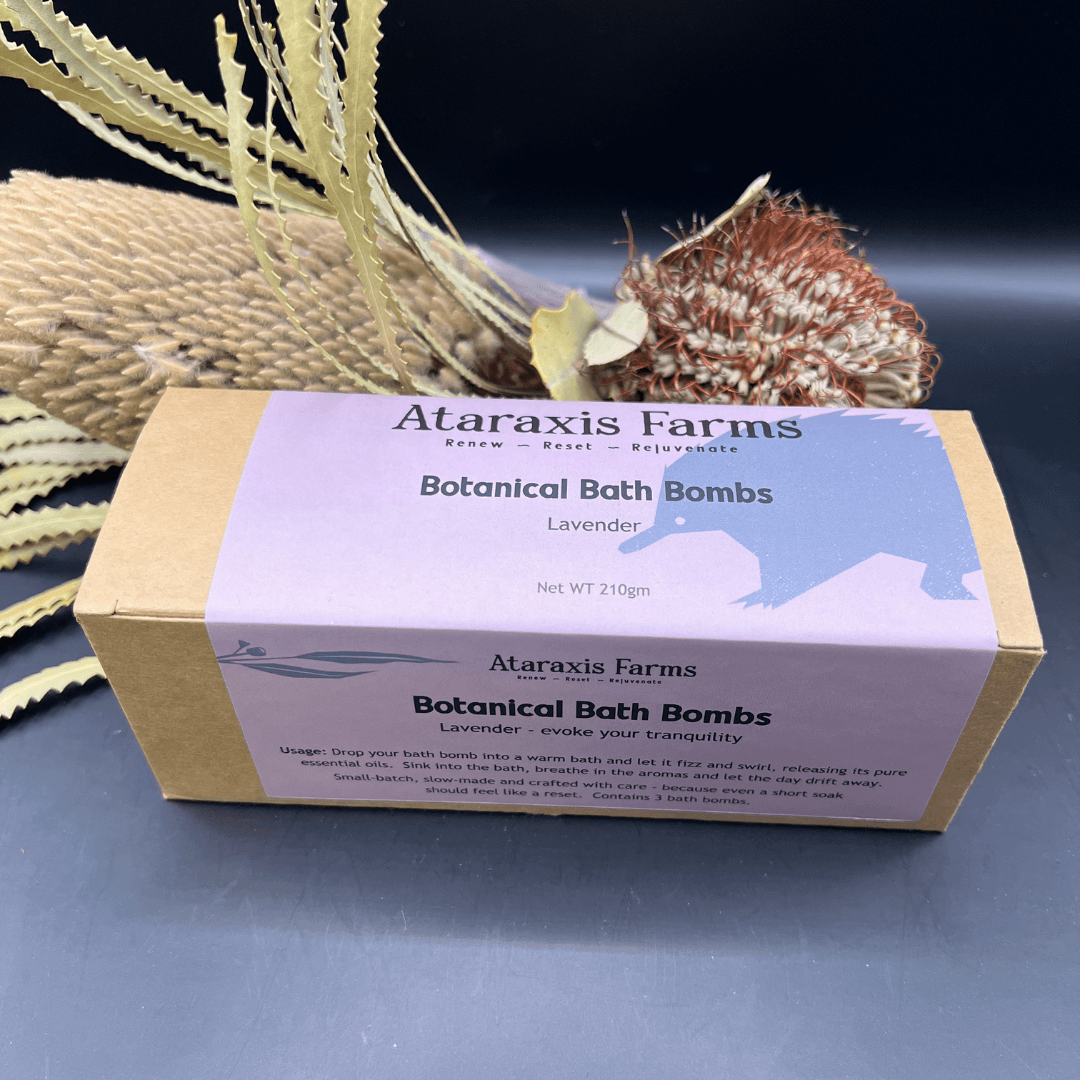 Small-batch lavender botanical bath bombs handmade at Ataraxis Farms