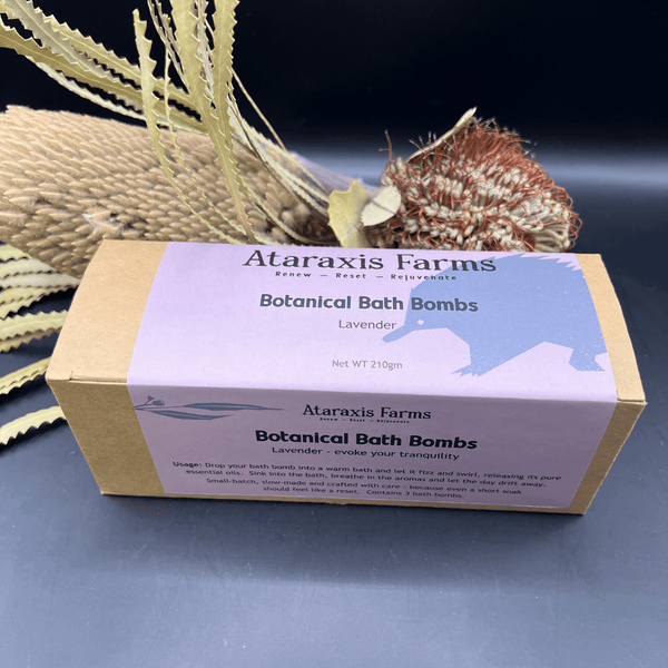 Small-batch lavender botanical bath bombs handmade at Ataraxis Farms