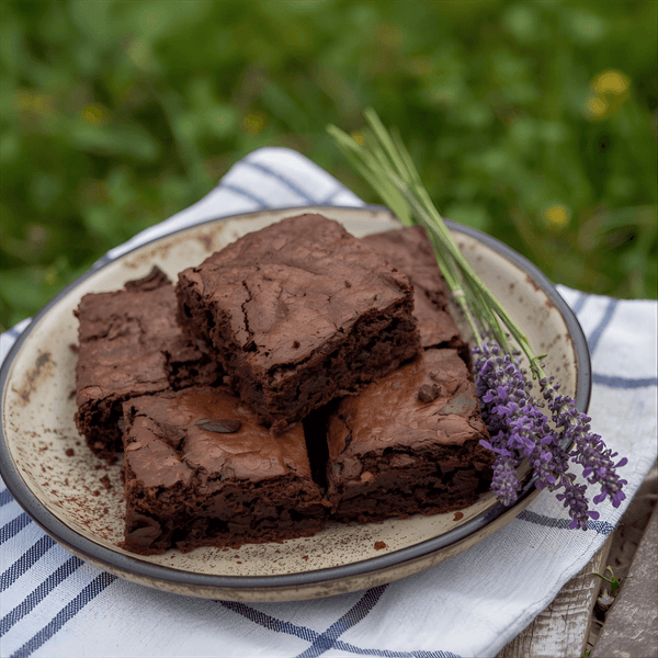 Plate of Lavender Brownies with a sprig of lavender