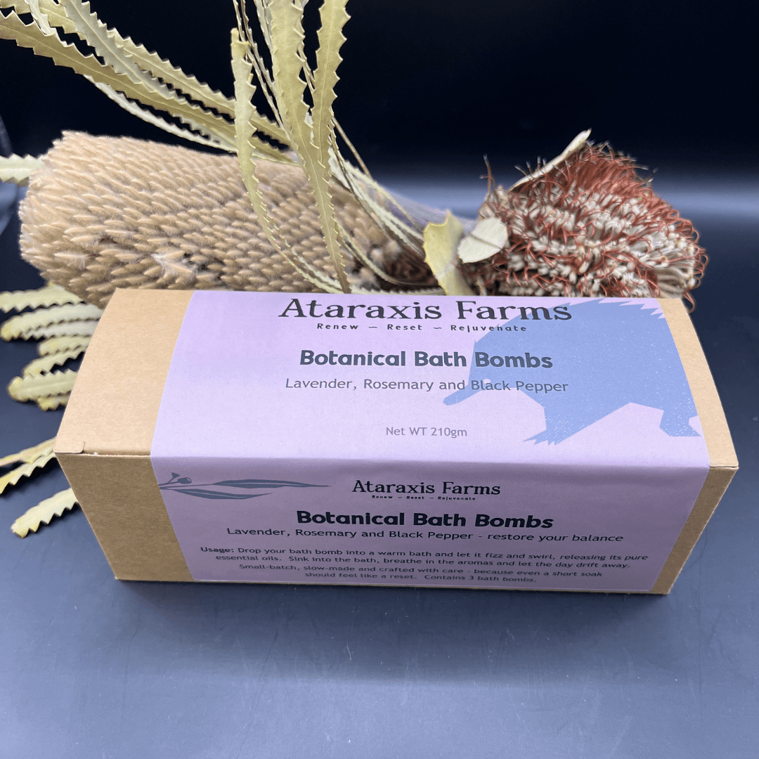 Small-batch lavender, rosemary and  black pepper botanical bath bombs handmade at Ataraxis Farms