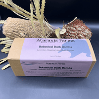Small-batch lavender, rosemary and  black pepper botanical bath bombs handmade at Ataraxis Farms