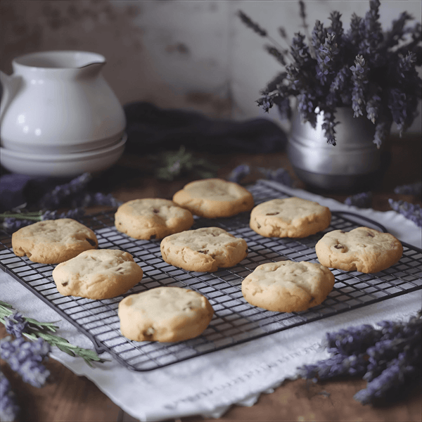 Ataraxis Farms Lavender Shortbread on a cooling rack with lavender and a white pitcher in the background
