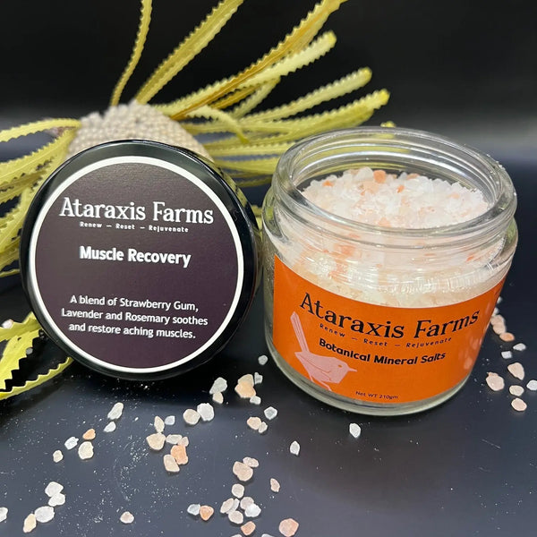 Ataraxis Farms Muscle Recovery Botanical Mineral Salts made with 100% natural Himalayan Pink Salt.