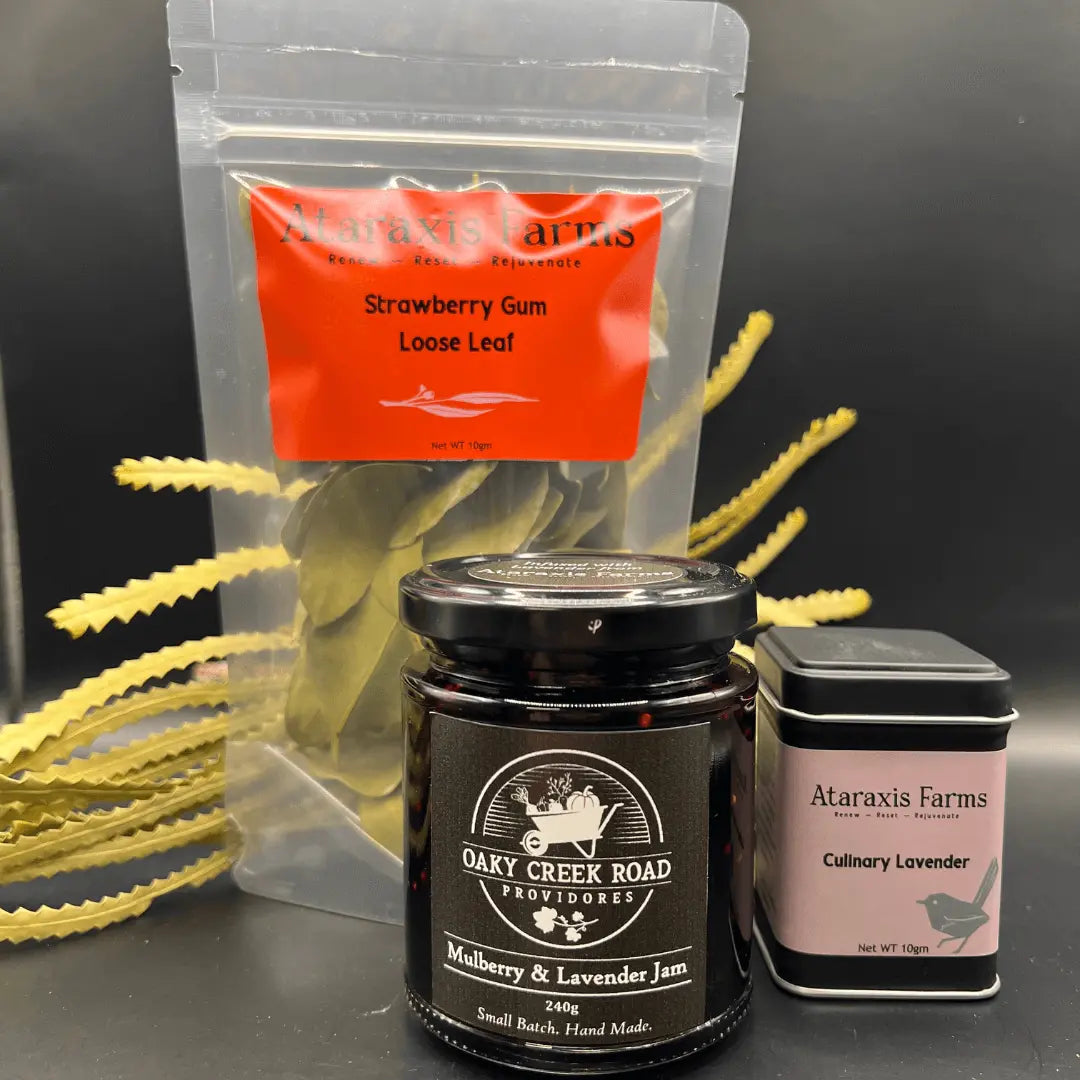 A bundle of culinary magic with Ataraxis Farms Strawberry Gum Loose Leaf, Culinary Lavender and Oaky Creek Road Jam with Lavender.