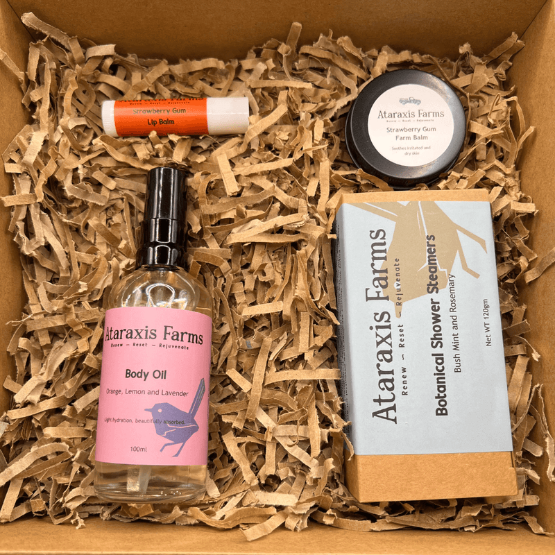 Ataraxis Farms Rejuvenate Gift Pack with Orange, Lemon and Lavender Body Oil, Strawberry Gum Farm Balm, Bush Mint and Rosemary Botanical Shower Steamers and Strawberry Gum Lip Balm.