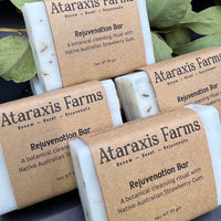 Four bars of Ataraxis Farms Rejuvenation Bar soap - a botanical cleansing ritual with native Australian Strawberry Gum.