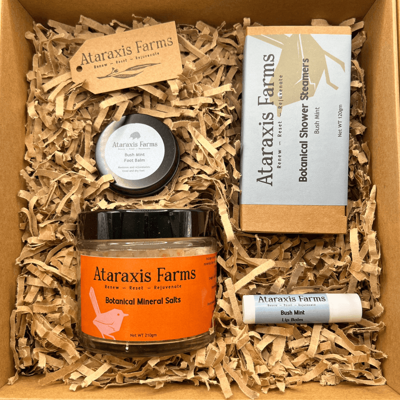 Ataraxis Farms Reset Gift Pack including Botanical Mineral Salts, Bush Mint Foot Balm, Bush Mint Botanical Shower Steamers and Bush Mint Lip Balm.