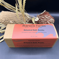 Small-batch strawberry gum, lavender and rosemary botanical bath bombs handmade at Ataraxis Farms
