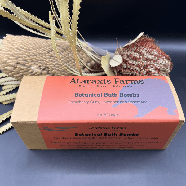 Small-batch strawberry gum, lavender and rosemary botanical bath bombs handmade at Ataraxis Farms