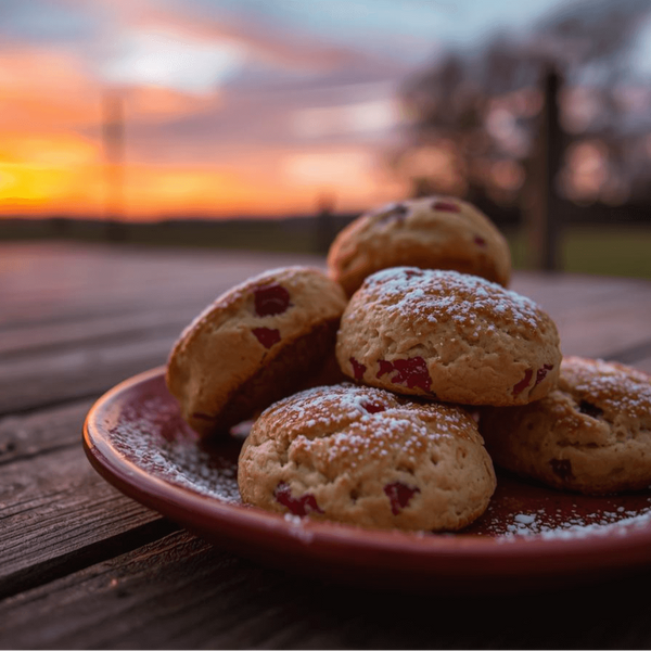 Plate of scones with a sunset in the background at Ataraxis Farms
