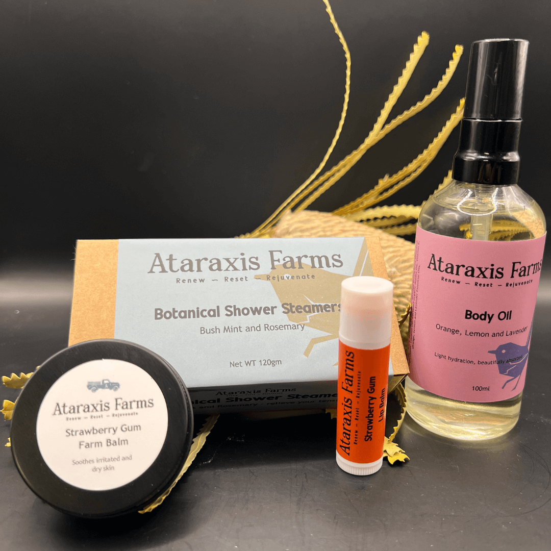 Ataraxis Farms Rejuvenate Gift Pack with Orange, Lemon and Lavender Body Oil, Strawberry Gum Farm Balm, Bush Mint and Rosemary Botanical Shower Steamers and Strawberry Gum Lip Balm.