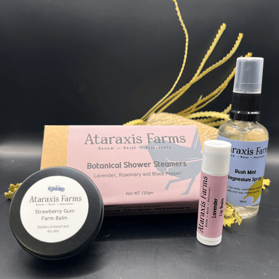 Ataraxis Farms Gift Pack with Bush Mint Magnesium Spray, Strawberry Gum Farm Balm, Lavender, Rosemary and Black Pepper Botanical Shower Steamer and Lavender Lip Balm.