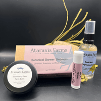 Ataraxis Farms Gift Pack with Bush Mint Magnesium Spray, Strawberry Gum Farm Balm, Lavender, Rosemary and Black Pepper Botanical Shower Steamer and Lavender Lip Balm.